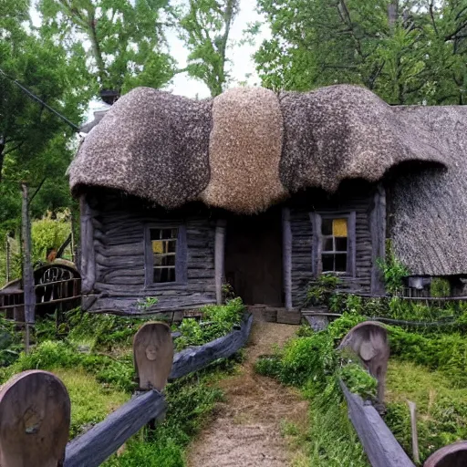 Image similar to a witches house with huge snakes on the roof