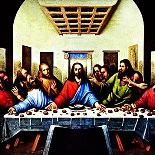 Prompt: the vampires from the show What we do in the shadows in the painting of the last supper by Leonard Da Vinci , photograph, ultrarealistic