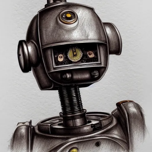 Prompt: hyper realistic pencil drawing of a steampunk robot , water color, detailed, rim light, diffused, intricate, dark vibe,