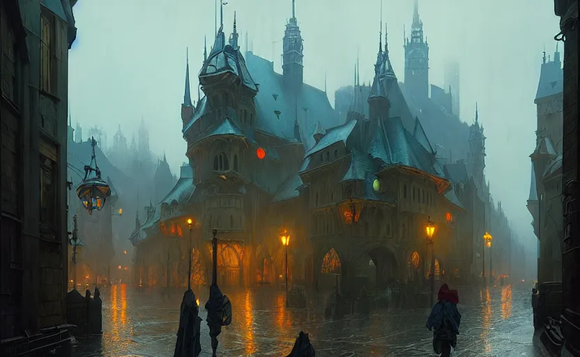 Image similar to a medieval city with rainy and moody cinematic lighting by darek zabrocki and greg ruthkowski, alphonse mucha, simon stalenhag and cinematic and blue cold atmospheric, concept art, artstation, trending on artstation