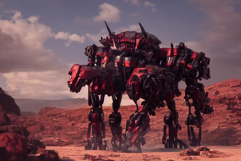 Image similar to a cinematic still from Westworld, red mech, armored core, humanoid servo, octane render, nvidia raytracing demo, masterpiece