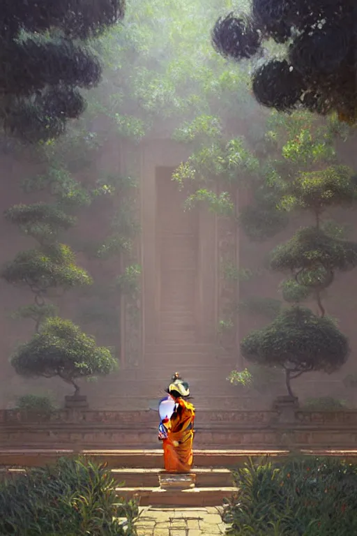 Image similar to temple. buddhism, impressionnisme, painting by greg rutkowski, artgerm, claude monet