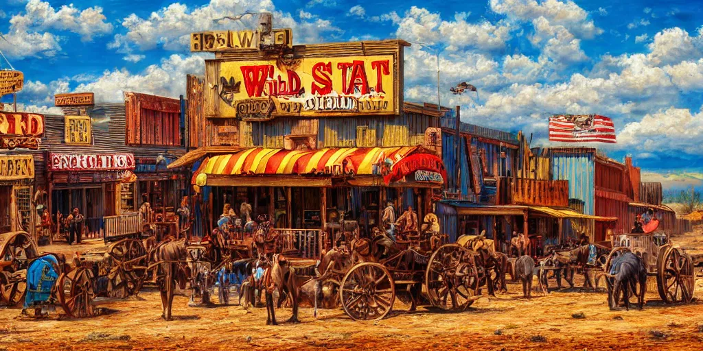 Image similar to oil painting of wild west town, western, old west, vivid colors, warm colors, high production value, intricate details, high resolution, hyperrealistic, hdr, high definition, masterpiece, ultra realistic, highly detailed, hd, sharp focus, non blurry, sharp, smooth