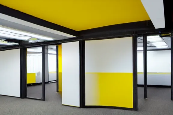 Image similar to an endless office space with old yellow wallpaper from the 1970s lit by fluorescent lights with no windows