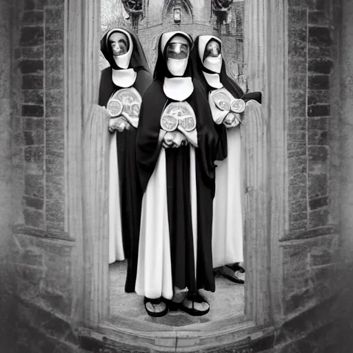 Prompt: black and white, award winning photo, levitating twin nuns each having 6 arms, wearing pentgram necklace, a guillotine is depicted, the nuns have Very long arms, in a sanctuary, eerie, frightening —width 1024 —height 1024