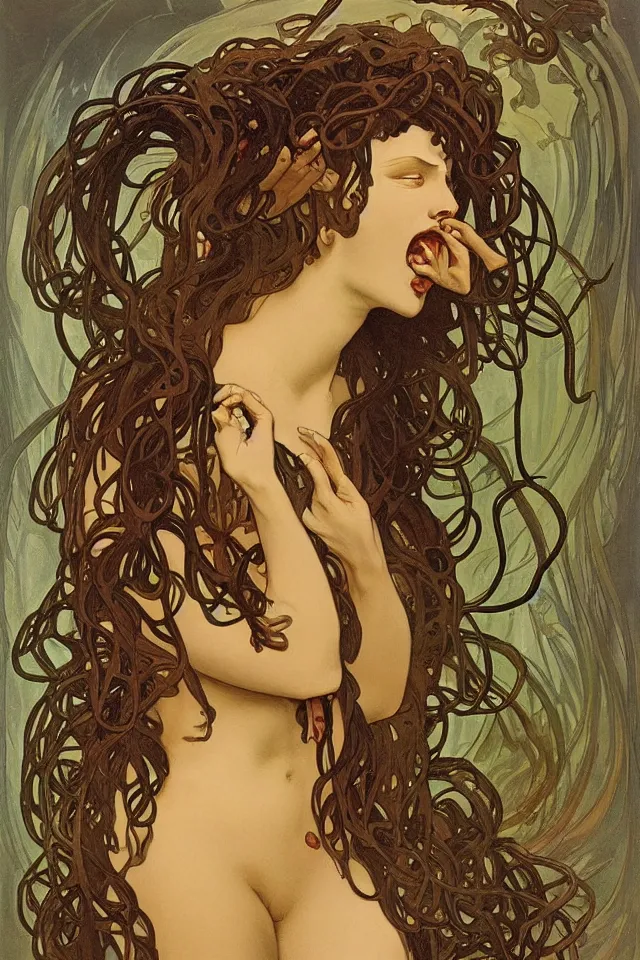 Prompt: a painting of medusa crying a full flood of tears, her body surounded by thorn and brumbles by Alphonse Mucha