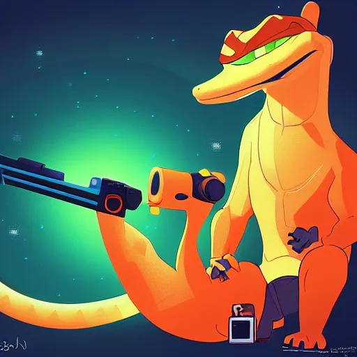 Image similar to “ komodo dragon in the style of zootopia holding laser gun, floating alone, with a black background, digital art, award winning, trending on art station, retro style ”