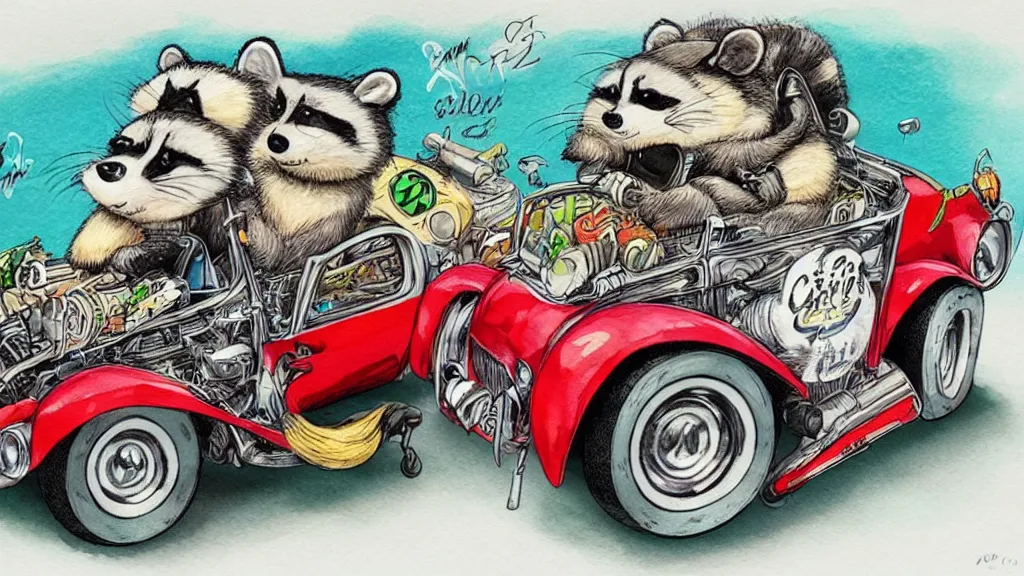 Prompt: cute and funny, racoon riding in a tiny hot rod coupe with oversized engine, ratfink style by ed roth, centered award winning watercolor pen illustration, by chihiro iwasaki, edited by range murata