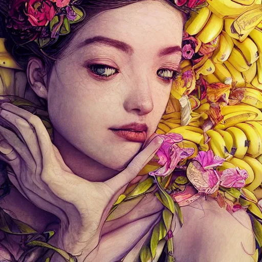 Image similar to the portrait of an absurdly beautiful, graceful, elegant young woman made of bananas and petals looking down, an ultrafine detailed illustration by kim jung gi, irakli nadar, intricate linework, bright colors, octopath traveler, final fantasy, angular, unreal engine 5 highly rendered, global illumination, radiant light, detailed and intricate environment