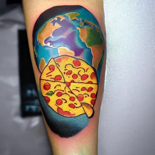 Prompt: A tattoo of earth as a large cheese pizza, on someones leg, detailed