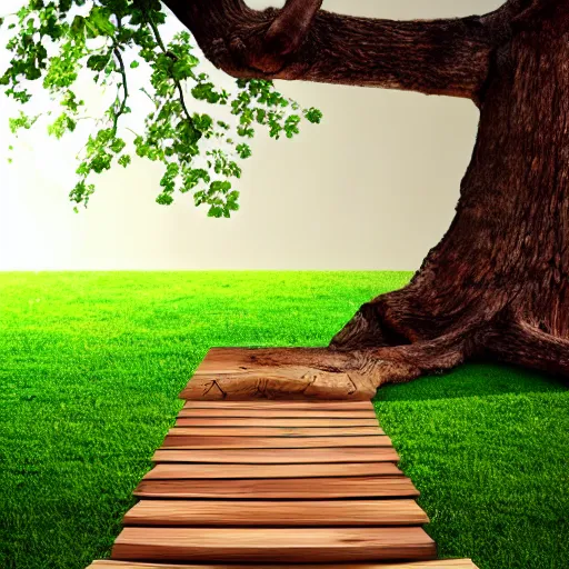 Prompt: wooden platform built around a tree, realistic, photo,