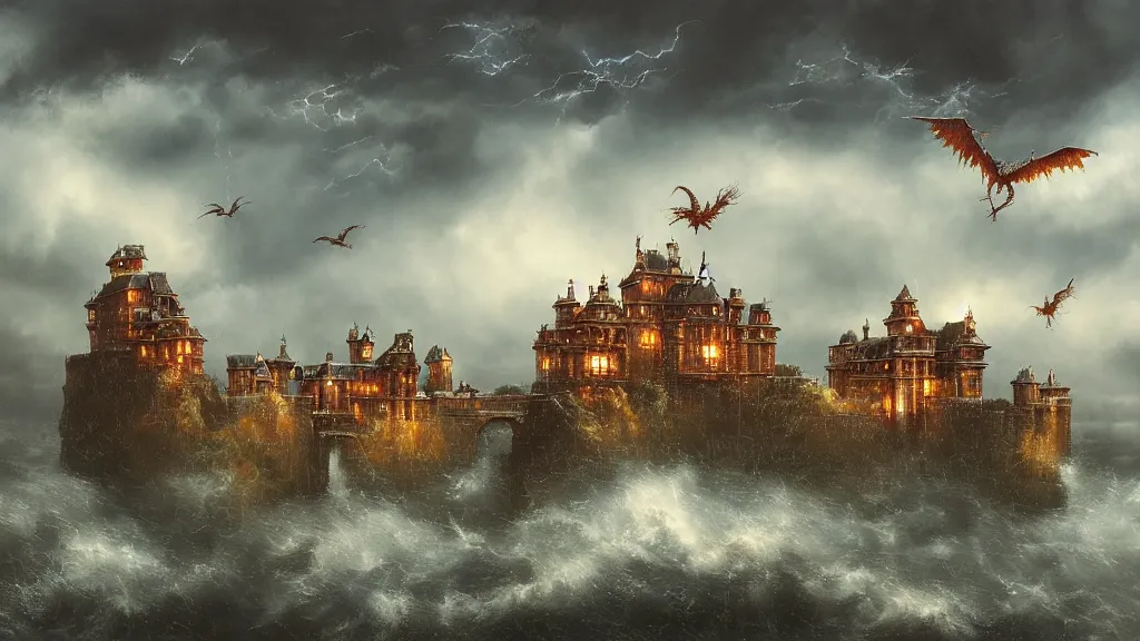 Prompt: a cinematic cityscape photograph of a flock of birds in the sky above a floating castle, a fiery dragon flys in the sky, thunder and lightning, lee madgwick