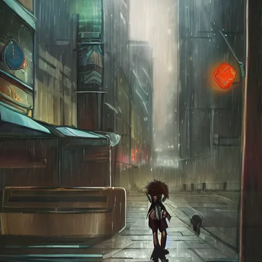 Prompt: beautiful commissioned artwork of an anthropomorphic lion woman walking through the seedy part of a futuristic city, rain, night, moody, urban, trending on furaffinity