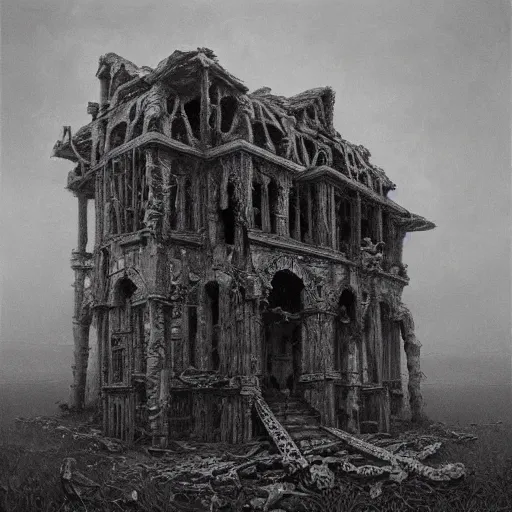 Prompt: a old victorian town ruin, made of bones and flesh, 4 k, trending on artstation, oil painting, beksinski