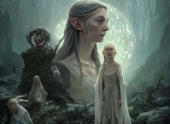 Image similar to a dramatic highly detailed render of the Galadriel and Gollum family, Middle-earth , by WLOP and Artgerm and Greg Rutkowski and Alphonse Mucha, Beautiful dynamic dramatic dark moody lighting, shadows, cinematic atmosphere, Artstation, Octane render, 8K, masterpiece, sharp focus, hyperrealistic, photograph