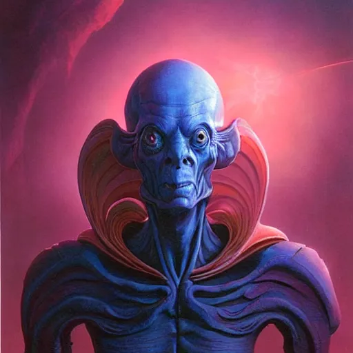 Prompt: a fantasy style portrait painting of an alien from barlowe's guide to extraterrestrials with a futuristic background and dramatic lighting oil painting unreal 5 daz. rpg portrait, extremely detailed wayne barlowe michael whelan artgerm greg rutkowski greg hildebrandt tim hildebrandt