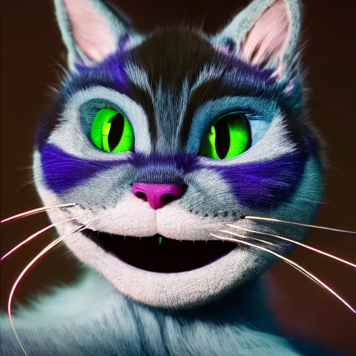 Image similar to full body pose, hyperrealistic photograph of the cheshire cat as a cute kitten, dim volumetric lighting, 8 k, octane beautifully detailed render, extremely hyper detailed, intricate, epic composition, cinematic lighting, masterpiece, trending on artstation, very very detailed, stunning, hdr, smooth, sharp focus, high resolution, award, winning photo, dslr, 5 0 mm