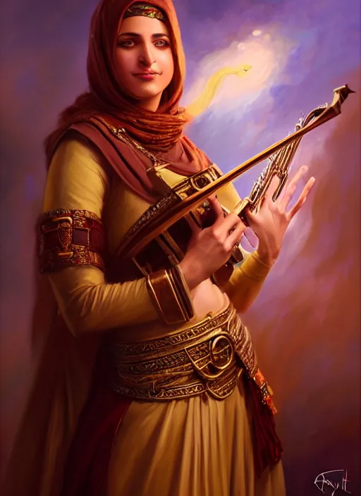 Image similar to a _ fantasy _ style _ portrait _ painting _ of arabian female charismatic bard playing instrument, rpg dnd oil _ painting _ unreal _ 5 _ daz. _ rpg _ portrait _ extremely _ detailed _ artgerm _ greg _ rutkowski _ greg