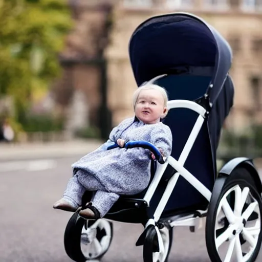 Image similar to hyperrealistic photography of elizabeth truss, conservative MP, in a baby carriage