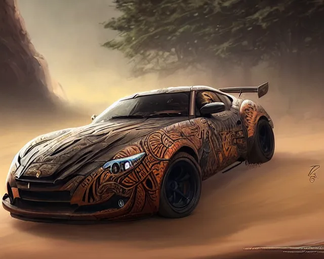 Prompt: sports car with tribal decal, tribal, wolf, nature, tyres, smoke, dust, soil, deep focus, d & d, fantasy, intricate, elegant, highly detailed, digital painting, artstation, concept art, matte, sharp focus, illustration, hearthstone, art by artgerm and greg rutkowski and alphonse mucha
