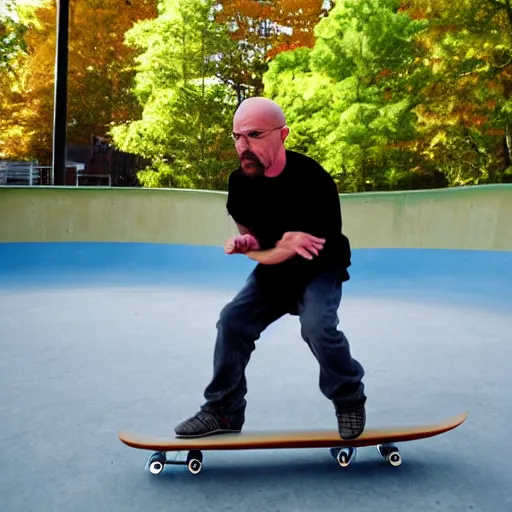 Prompt: Walter White doing skate tricks at the park