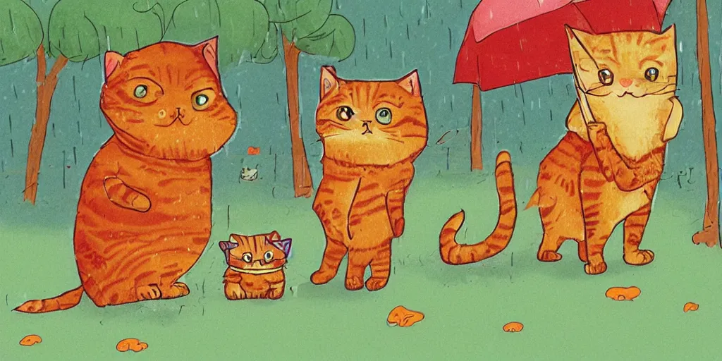 Image similar to a beard man and an orange tabby kitten standing in the rain by richard scarry