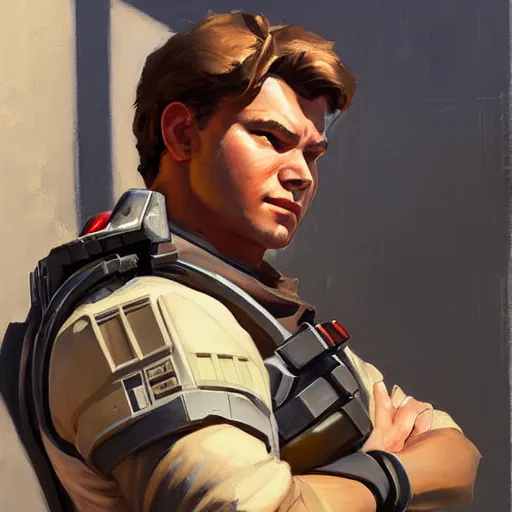 Image similar to greg manchess portrait painting of armored han solo as overwatch character, medium shot, asymmetrical, profile picture, organic painting, sunny day, matte painting, bold shapes, hard edges, street art, trending on artstation, by huang guangjian and gil elvgren and sachin teng