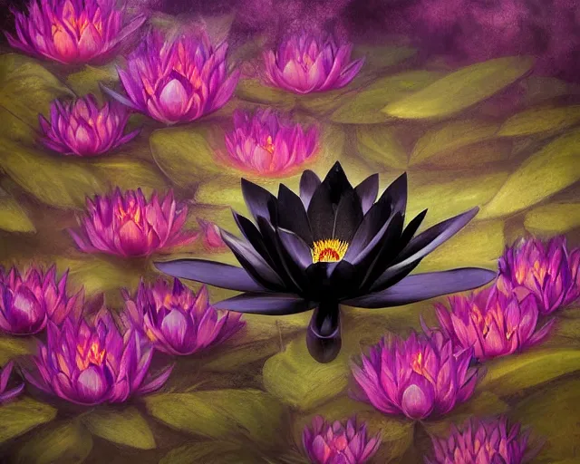 Image similar to black lotus flower, in forest, bokeh depth of field, illustration, by ( kieran yanner ) ( miranda meeks ) ( anna podedworna ) ( cristi balanescu ), digital art