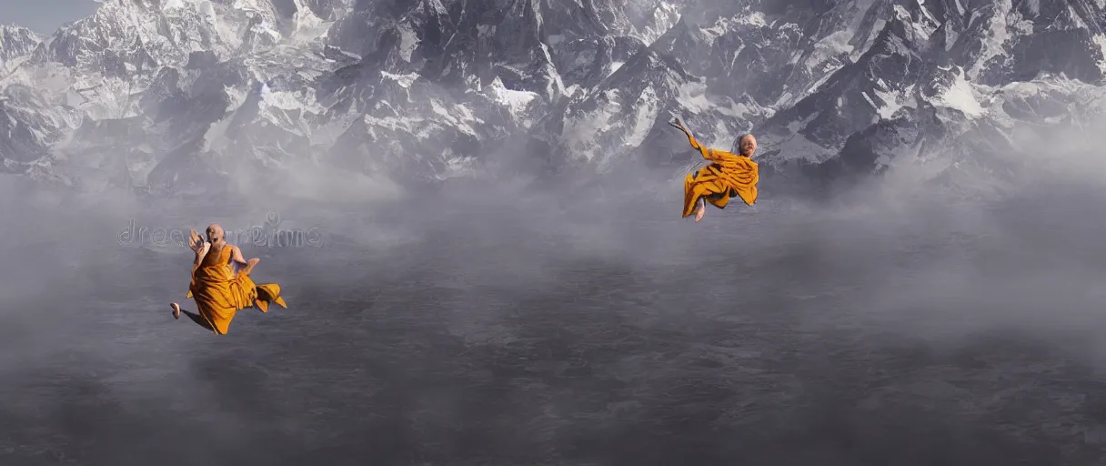 Image similar to buddhist monk in lotus position flying in front of camera over himalaya mountains lake in weightlessness, small foggy and blue gloomy, bokeh background, highly detailed science fiction illustration by jeremy geddes. photorealistic, octane render, hyper detailed, 8 k, movie still, artstation, unreal engine