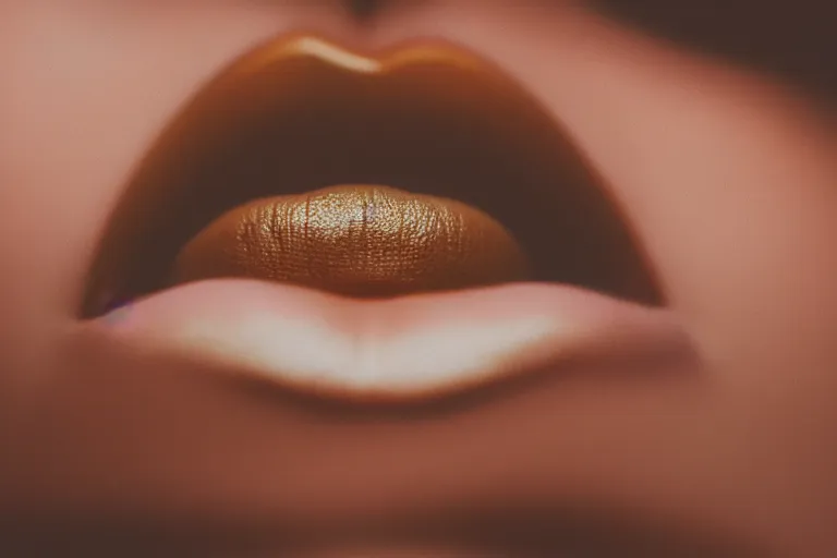 Prompt: photography, close-up of а woman\'s mouth with smeared lipstick , golden hour, 35mm, vintage, motion blur