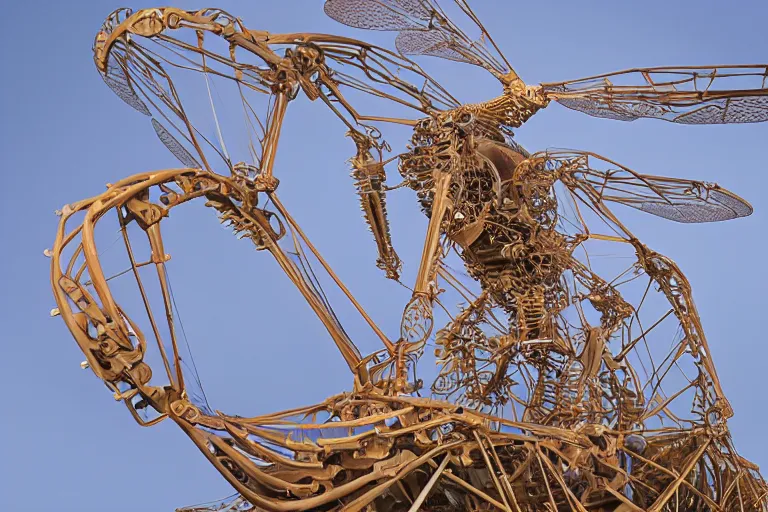 Image similar to an immaculate cel shaded rendering of an enormous biomechanical cyber strandbeest dragonfly in flight. high key lighting. by theo jansen by alberto baisi