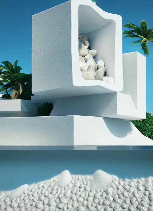 Prompt: bright white zen beach house made of geodes well contoured smooth fair walls, up close shot, sharp focus, global illumination, radiant light, alexandre ferra white mecha, irakli nadar, octane highly render, 4 k, ultra hd,