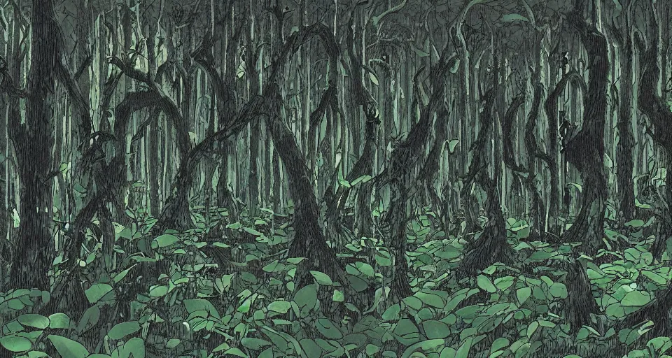 Prompt: A dense and dark enchanted forest with a swamp, by Hideaki anno