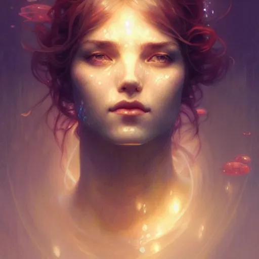 Image similar to Portrait of a girl underwater surrounded by light rays, face, fantasy, intricate, elegant, highly detailed, digital painting, artstation, concept art, smooth, sharp focus, illustration, art by Krenz Cushart and Artem Demura and alphonse mucha