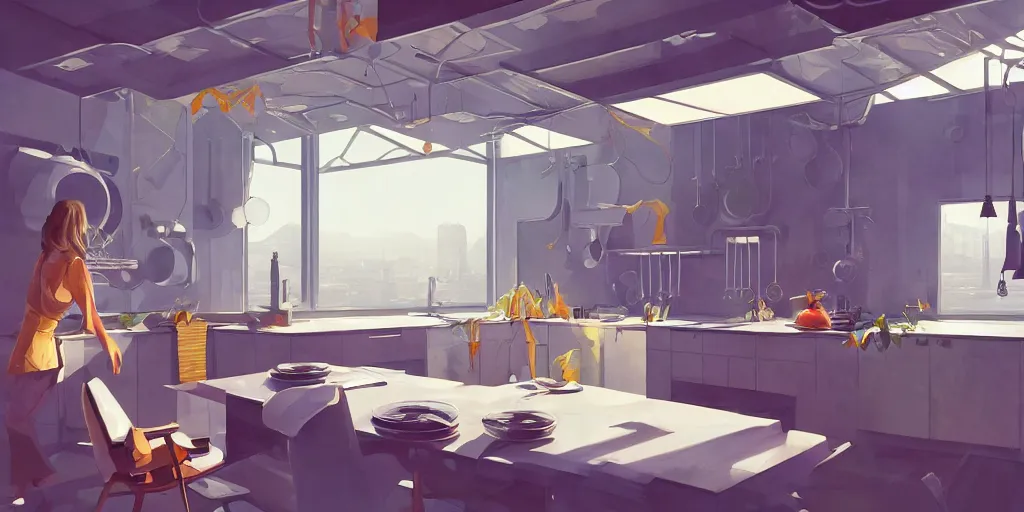 Image similar to a beautiful illustration of futuristic kitchen, lots of furniture, big medium small, sacred geometry, golden ratio, in watercolor gouache detailed paintings, in style of syd mead, trending on artstation, 8 k, panel, hard surface, wallpaper, zaha hadid, scattered props, plant, cozy, decoration, simon stalenhag, wes anderson, cyberpunk, insanely detailed