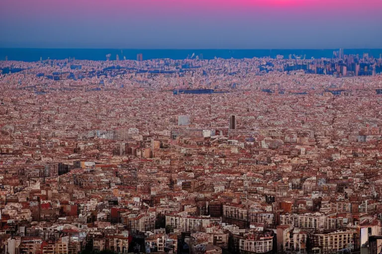 Image similar to views of catastrophic barcelona covered with water and refugees in buildings, global warming, sunset lighting, photo real