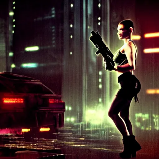 Image similar to anna paquin starring in a cyberpunk movie in a distopic futuristic city in the style of bladerunner, wearing a cropped black tank top, mini shorts and black boots, firing a gun, muzzle flash, movie still, highly detailed, rainy night, volumetric lights, studio lighting, dramatic, scifi, sharp focus