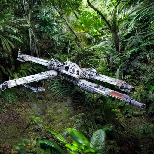 Prompt: a crashed x-wing fighter in the dense jungle, detailed 8k photography