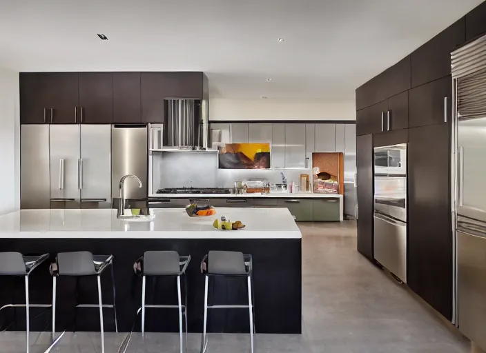 Prompt: 8 k photograph of stunning award winning design modern kitchen, designed by michael wolk + beatriz pascuali