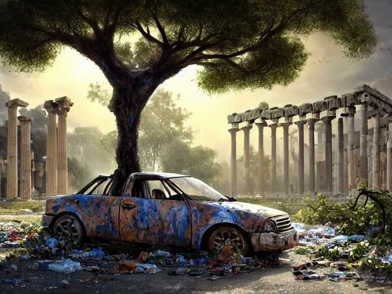 Image similar to a tree growing on a scrap car in ancient greek ruins, gray wasteland, many scrap cars, trash, rubble, overgrown, pillars and arches, colorful flowers, vines, hyperrealistic, highly detailed, cinematic, ray of golden sunlight, beautiful, cgsociety, artstation, 8 k, oil painting by greg rutkowski, by artgerm, by wlop