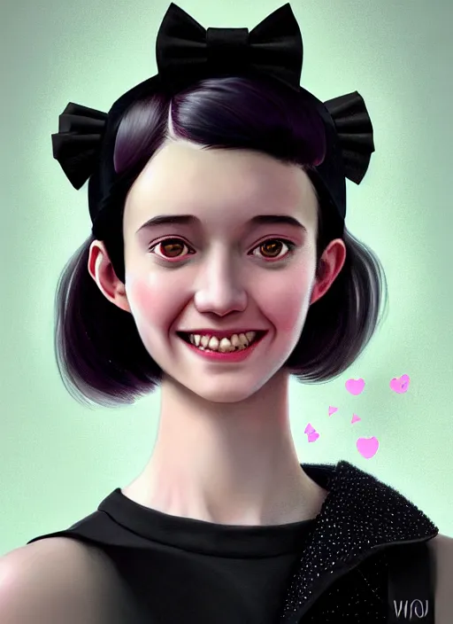 Image similar to portrait of high school girl, realistic, black hair, bangs, half updo hairstyle, pointy nose, skinny, smile, ugly, defined jawline, big chin, pink hair bow, earrings, intricate, elegant, glowing lights, highly detailed, digital painting, artstation, sharp focus, illustration, art by wlop, mars ravelo and greg rutkowski