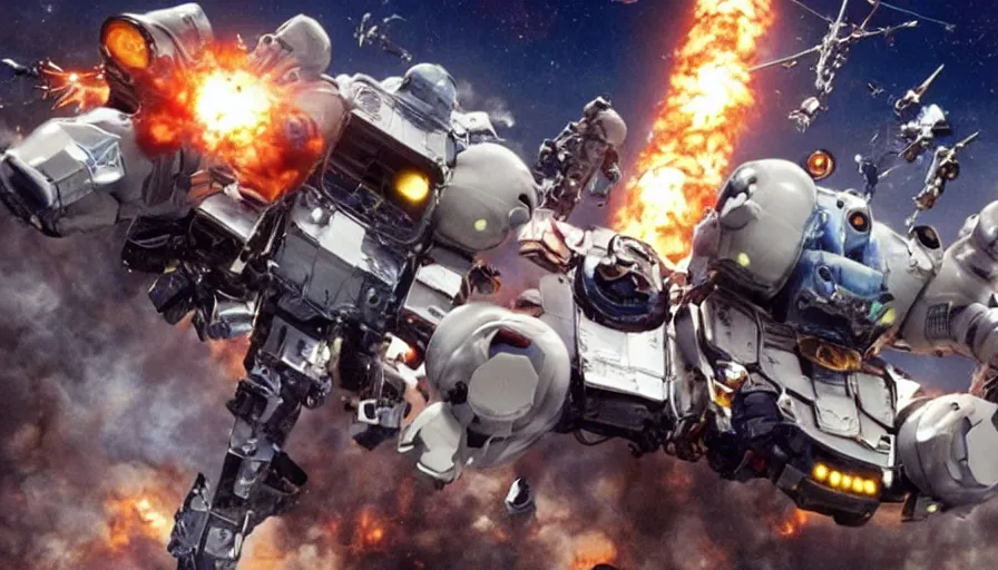 Prompt: full - color cinematic movie still from a live - action dairugger action film directed by michael bay. the scene features the science - fiction vehicles from dairugger fighting in space and joining together to form a giant robot. highly - detailed ; photorealistic ; epic.