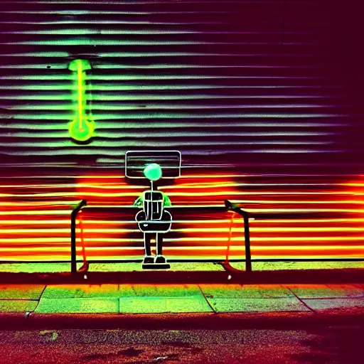 Image similar to vintage phto of a fat robot sitting alone in a streetbench, diezelpunk, cyberpunk, stray, neon lights