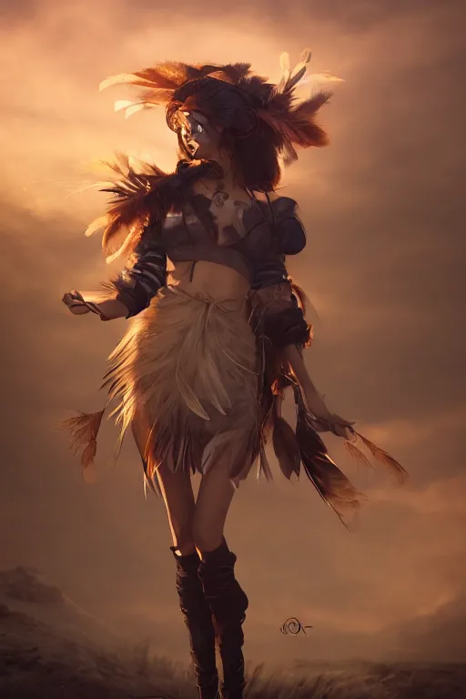 Image similar to beautiful young wind spirit, leather top, feather skirt, , golden hour, full body, post apocalyptic setting, medium shot, mid-shot, highly detailed, trending on Artstation