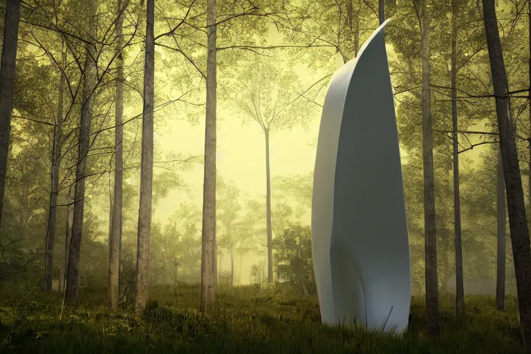 Prompt: a cathredal designed by Zaha Hadid, standing tall in a forest, digital art, unreal engine 5, high resolution, 4k, realistic