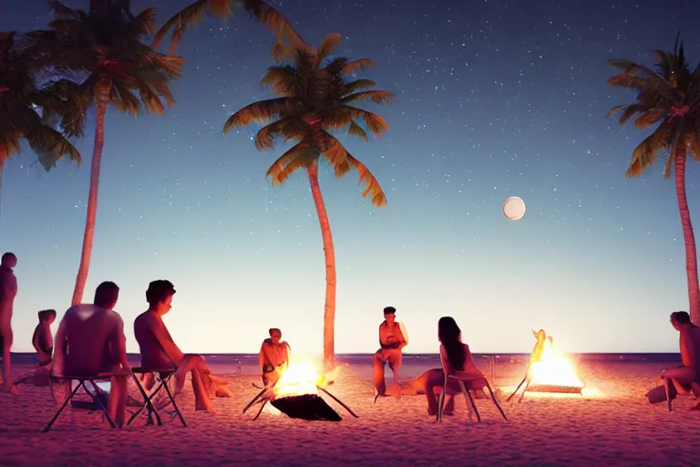 Prompt: octane render by robert hubert and weta digital, beach at night with a bright white moon, people sitting around a campfire, stars in the sky, palm trees in the background, deep depth of field, 8 k, cinema 4 d, raytraced lighting and reflections, very sharp focus, crisp render