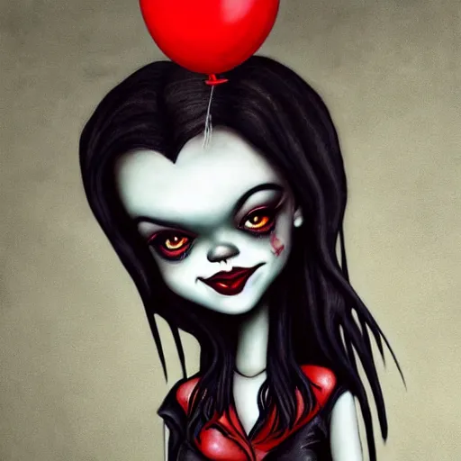 Image similar to grunge cartoon painting of rihanna with a wide smile and a red balloon by chris leib, loony toons style, pennywise style, corpse bride style, horror theme, detailed, elegant, intricate