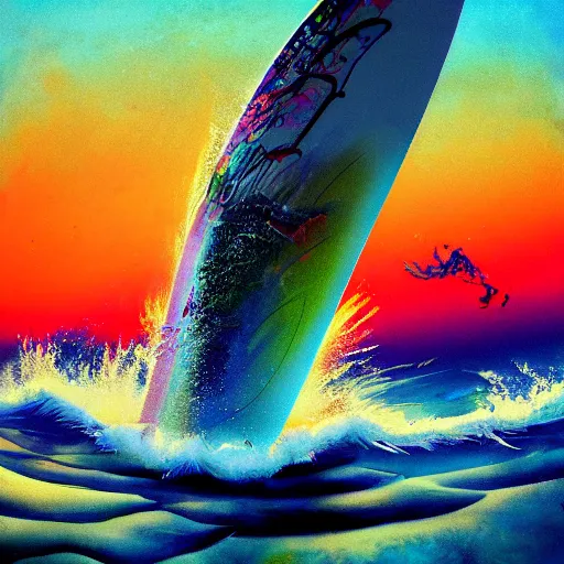 Prompt: psychedelic surfing sunset by aerroscape and daniel liang and ralph steadman, acid, trippy, digital art, cosmic, constrast, saturation, vibrant, 3 d high definition, trending on art station, trending on deviant art, unreal engine