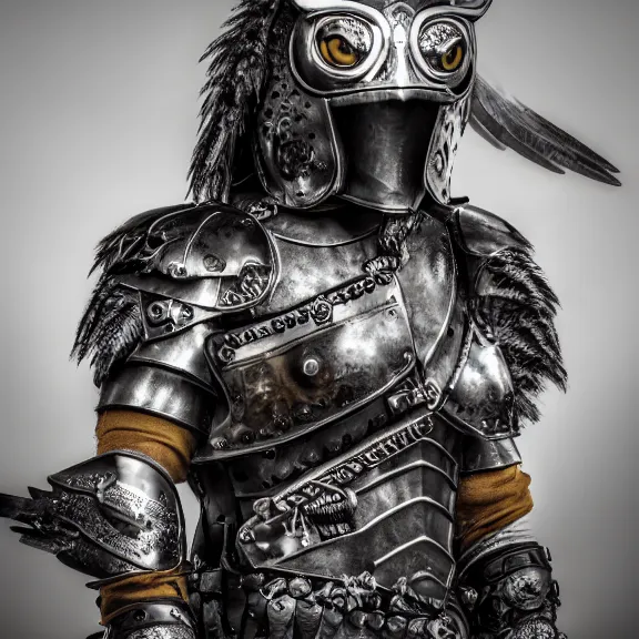 Image similar to photo of a warrior with metal owl theme armour, 4 k, hdr, smooth, sharp focus, high resolution, award - winning photo