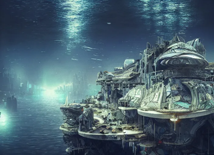 Prompt: favela spaceship cathedral, underwater environment, sorcery, scenery, professional, award - winning, trending on artstation, hyper detailed, realistic, beautiful, emotional, shiny, somber, picture